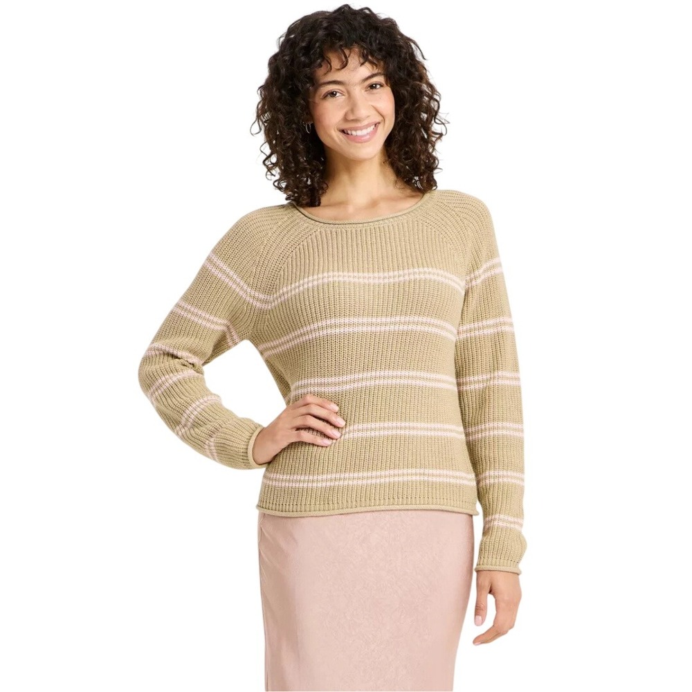 A New Day Women's Tan Pink Striped Shaker Stitch Pullover Sweater‎ Size XS